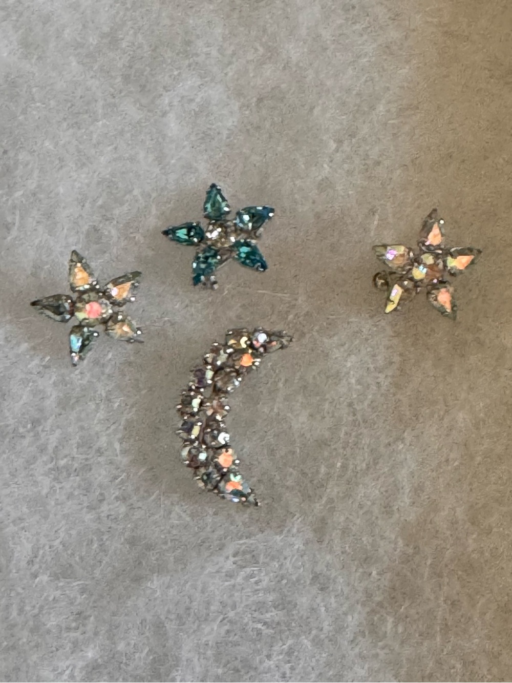 Vintage Stars and Moon Pins Brooches Iridescent Rhinestones